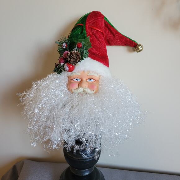 Vintage Lg Santa Face Ornament Velvet Cap Jingle Bell Greenery Door Wall Tree - Picture 4 of 13